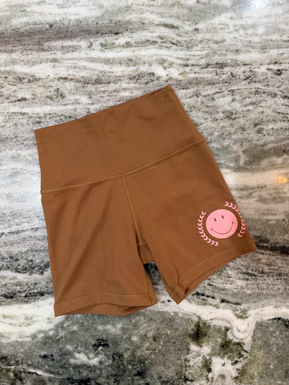 Aerie Brown High-Rise Bike Shorts with Pink Smile Graphic XS